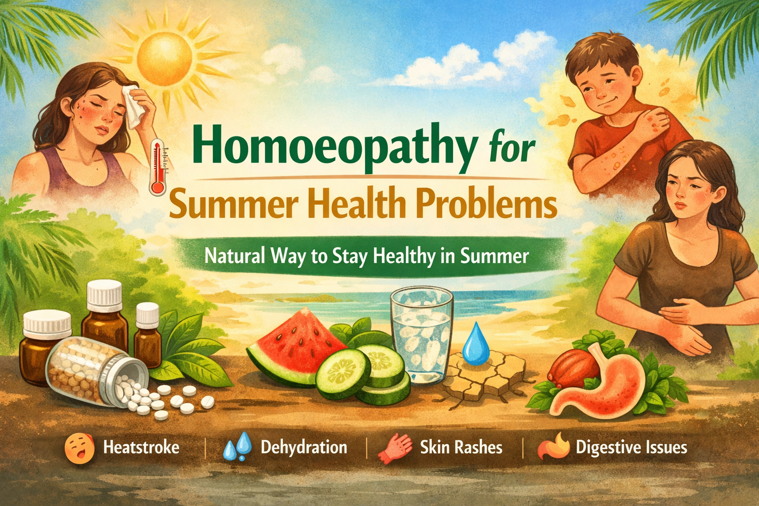 Homoeopathy Helps in Summer Health Problems showing natural treatment for heat, dehydration, skin issues and digestive problems in hot weather