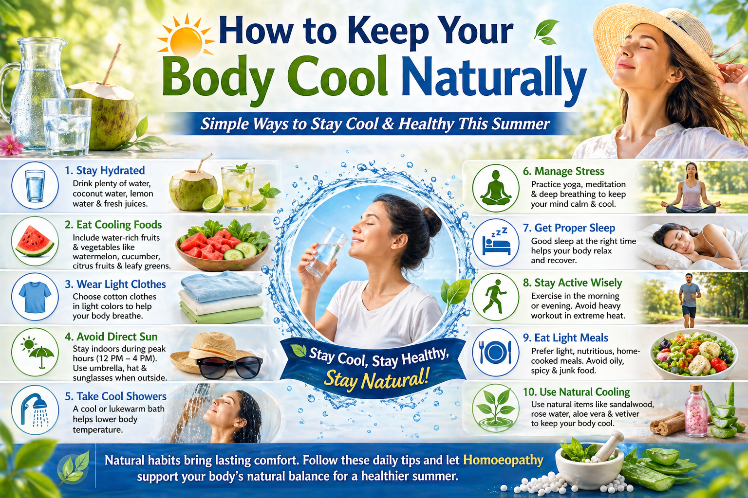 How to Keep Your Body Cool Naturally showing hydration, cooling foods, light clothes, sleep and stress management tips for summer