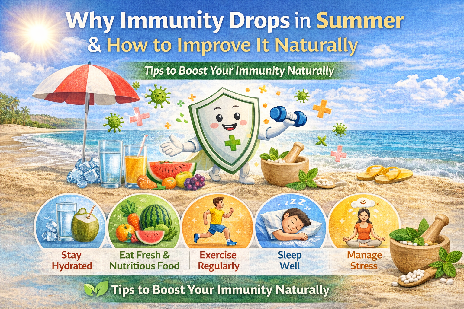 Why Immunity Drops in Summer & How to Improve It Naturally showing tips like hydration, healthy diet, exercise, sleep and stress management