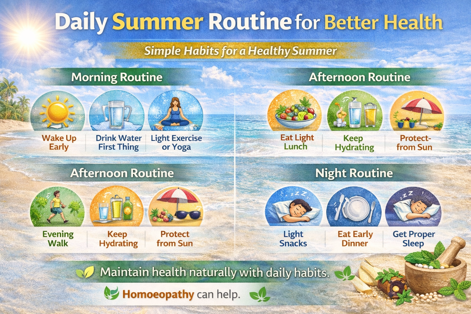 Daily Summer Routine for Better Health showing morning, afternoon, evening and night habits like hydration, exercise, light diet and proper sleep