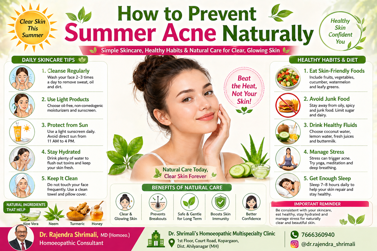 How to Prevent Summer Acne Naturally showing skincare tips like cleansing, hydration, healthy diet, sun protection and stress management