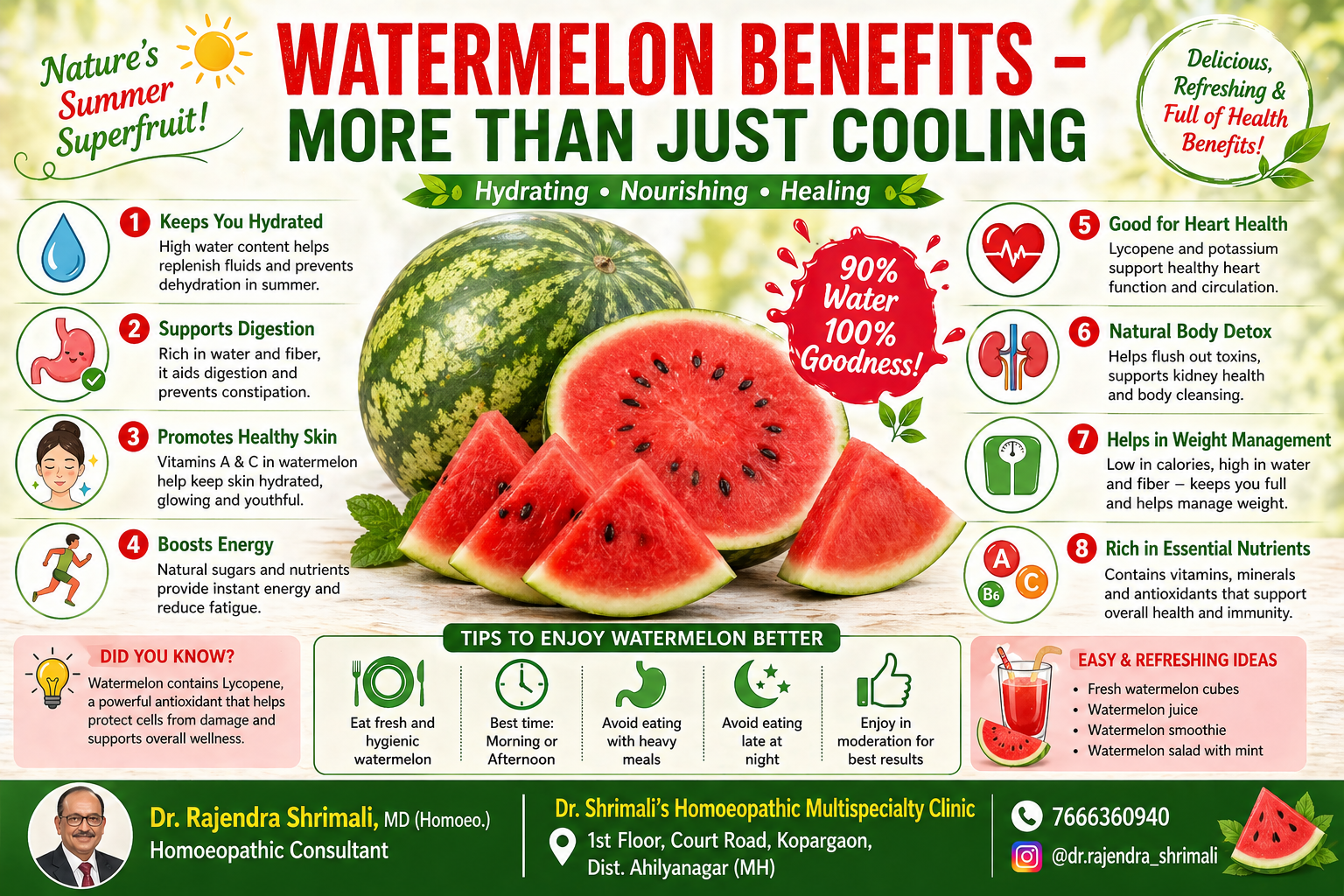 Watermelon Benefits More Than Just Cooling showing hydration, digestion support, skin glow, energy boost and overall health benefits
