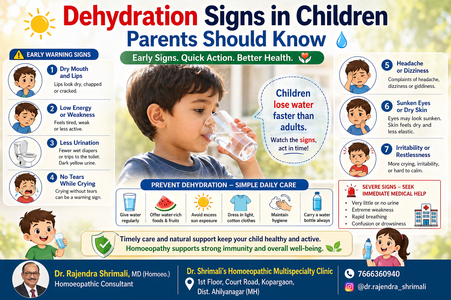 Dehydration Signs in Children Parents Should Know showing early symptoms like dry lips, low energy, less urination, no tears, dizziness and irritability