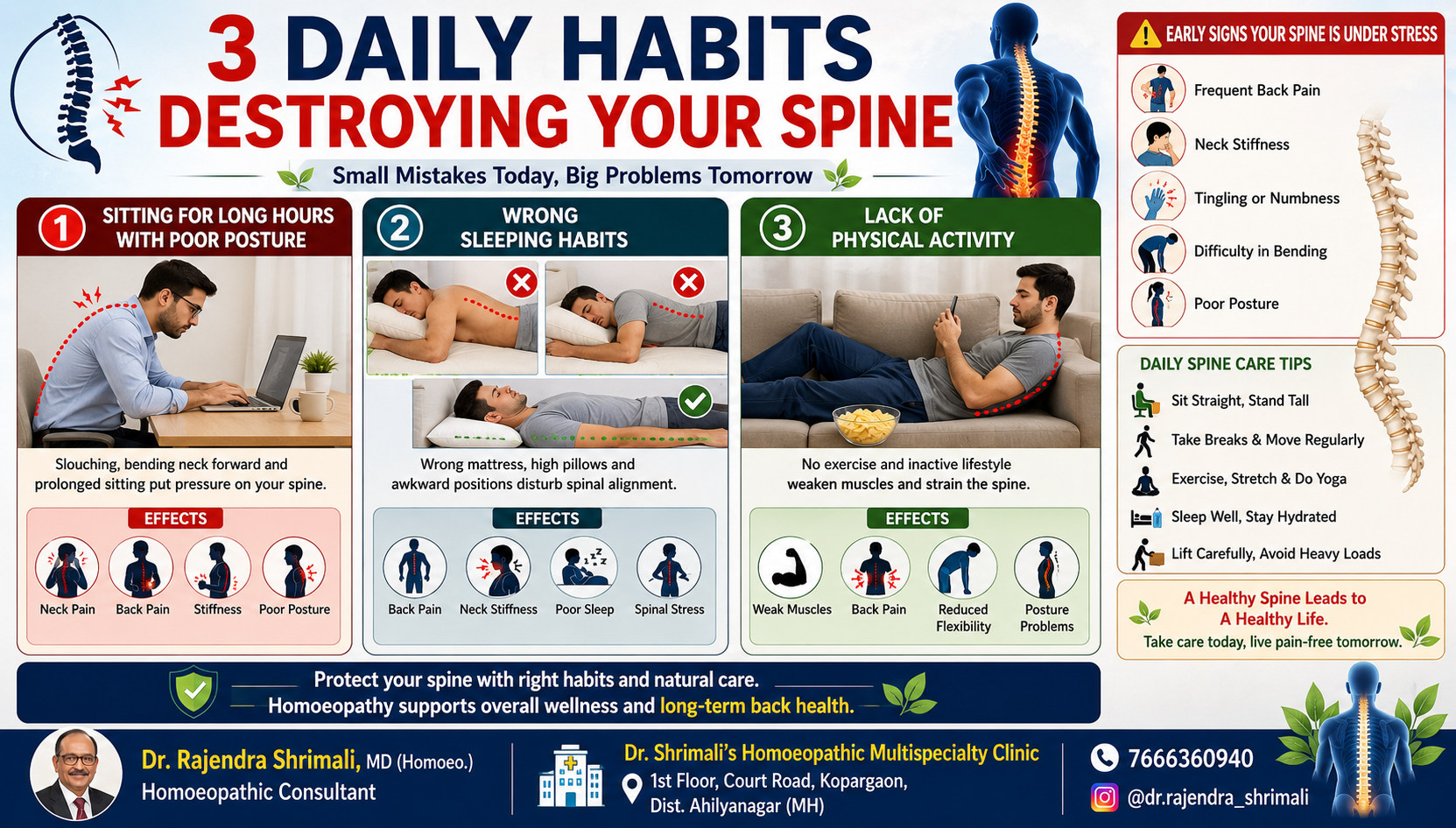 3 Daily Habits Destroying Your Spine showing poor posture, wrong sleeping habits and lack of physical activity causing back pain and spine problems