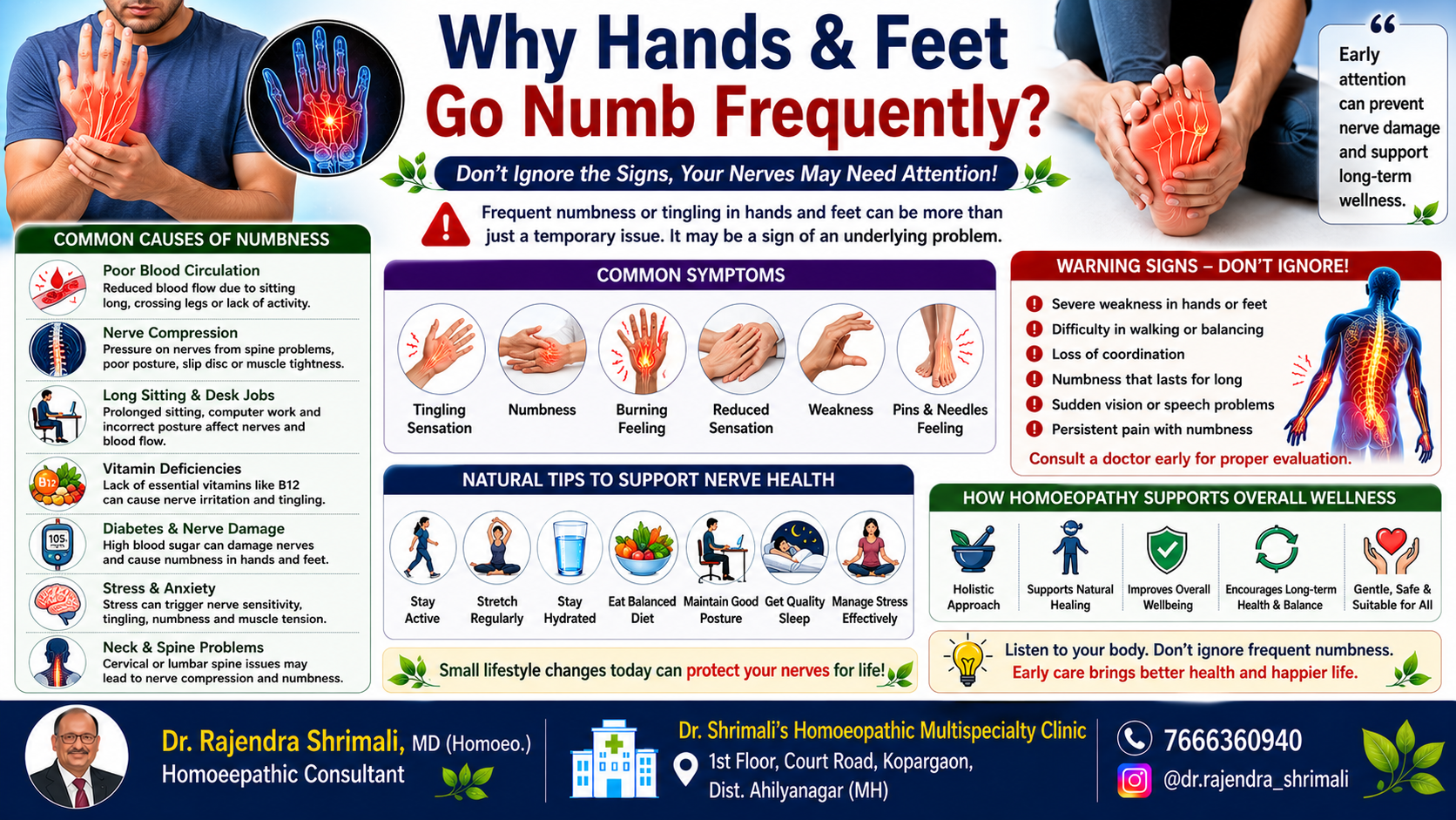 Why Hands and Feet Go Numb Frequently infographic showing tingling sensation, numbness, nerve compression, poor circulation, spine problems and natural nerve health tips