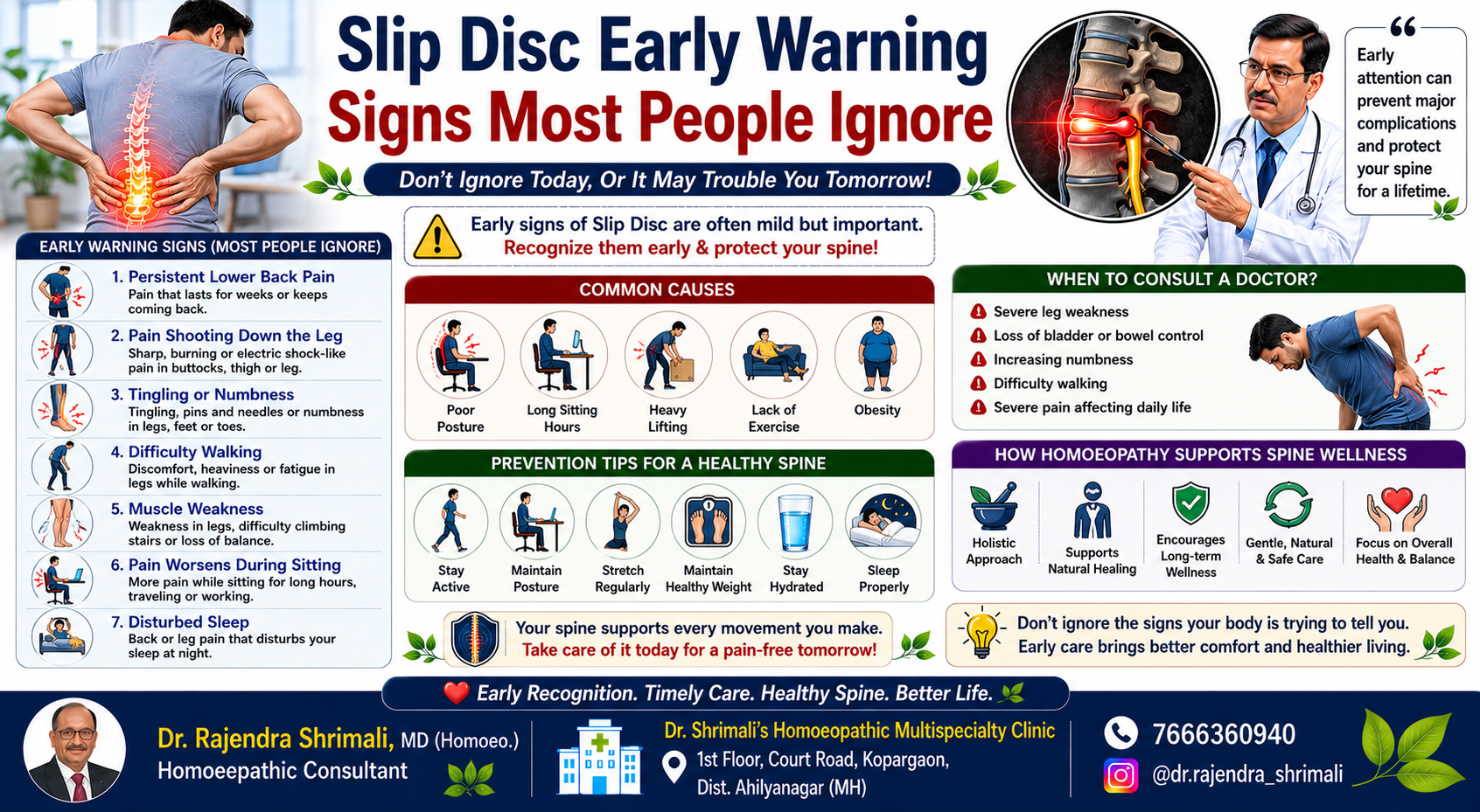 Slip Disc Early Warning Signs Most People Ignore showing lower back pain, leg pain, numbness, muscle weakness and spinal nerve compression symptoms