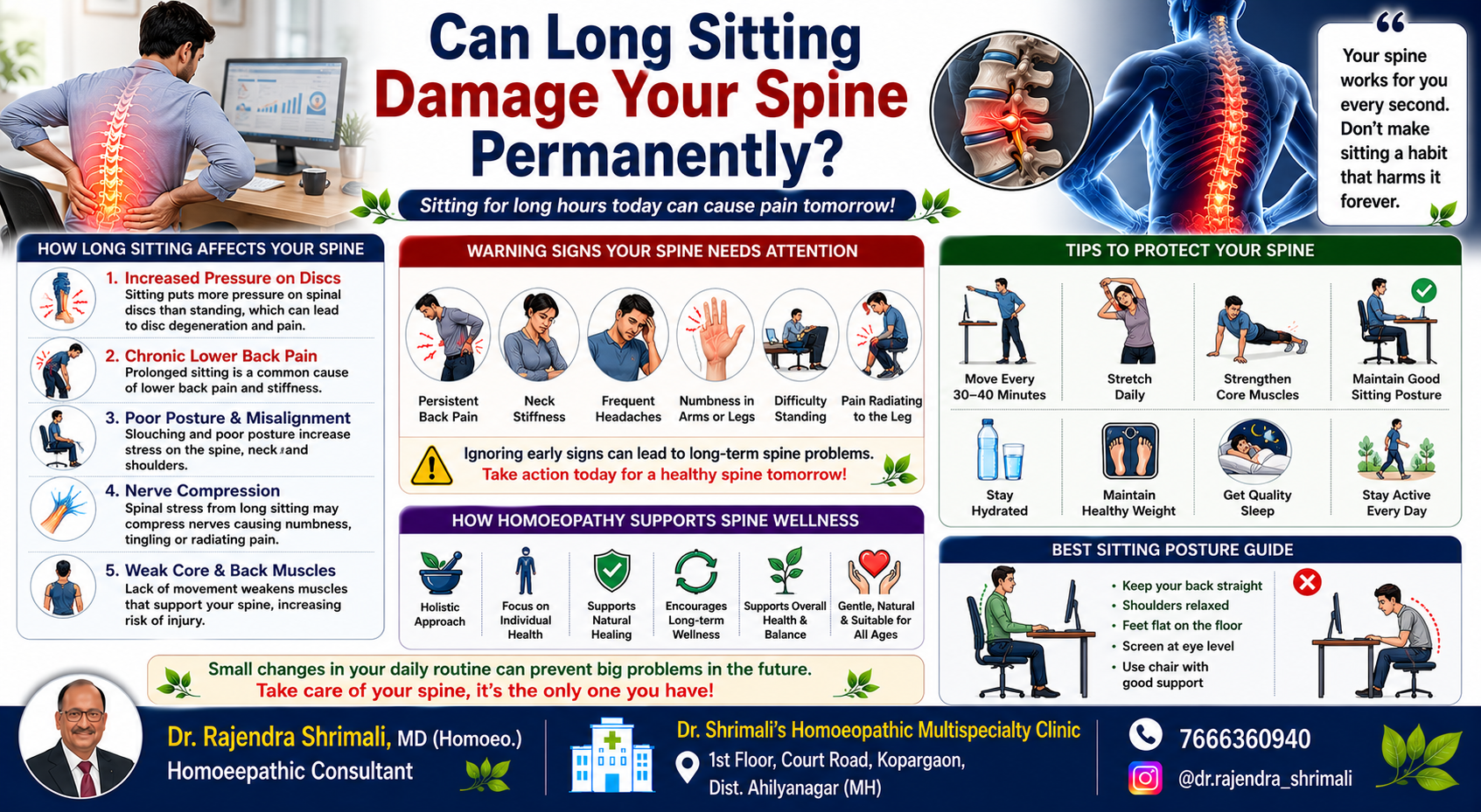 Can Long Sitting Damage Your Spine Permanently infographic showing office worker with back pain, poor posture, spinal stress, neck pain and healthy sitting habits